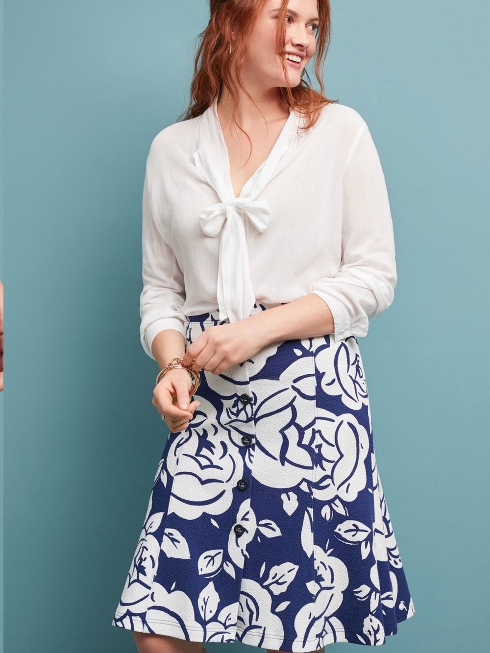 Maeve by Anthropologie Amiens Flounced Blue White Floral Button A-Line Skirt MP
